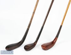 3x Replica scare neck long nose woods including a H Philp putter in brown stained beechwood, a