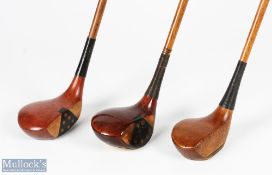 3x Socket neck woods to incl a Cannon Taylor dark stained bulldog baffie with 20deg loft, H Vardon