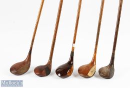 5x Socket neck woods - 2x drivers a spoon a baffy and a B H Cookburn Le.Touguet 'The bombe'