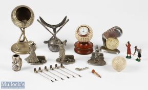 Golf Metal Silverplated Collectables, to include silver plated ashtray, a menu holder? match