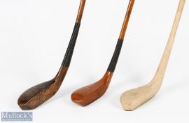 3x Replica long nose clubs including a Park beechwood putter and R Forgan play club in dark