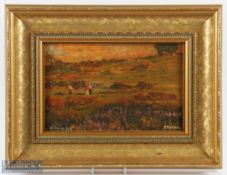 J Fletcher (British) c1900 titled 'An Evening Golf' oil on board - heathland scene with mixed four