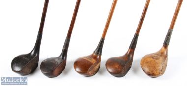 5x Assorted socket neck woods to incl' 2x drivers brassie and 2x spoons in need of restoration and