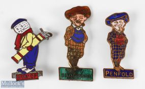 Original brass and enamel Penfold man (Miller), Bromford Man - with some wear (Fattorini), Dunlop