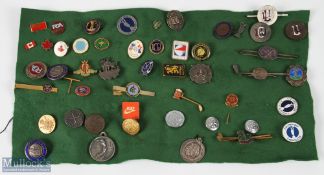 A Good Collection of Golf badges, brooches, Pins, Tie Clip, Fobs, Buttons to include silver examples