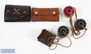 Collection of early Golf Tee Holders and Tees (5) Stag Brand leather wallet c/w 6x various wooden