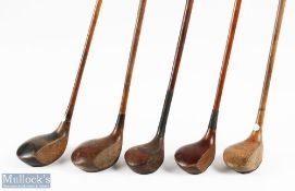 5x Various socket neck woods to incl' 2x Drivers one stamped W Strashan Nuneaton, the other large