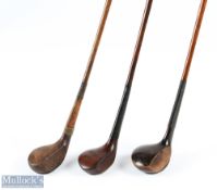 3x Late scare neck woods - a driver, brassie and large head spoon all indistinctly stamped to the