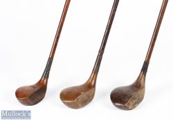 3x Socket neck woods features a Driver and 2x Brassies by makers H Logan and Wyle Hill - fitted with