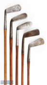 5x Left handed clubs - to incl' J H Taylor 'fliweel' no 7 mashie niblick, George Forrester of Elie