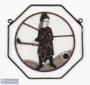 Replica Golf Leaded glass panel - hexagonal shape with golfing figure to the centre - overall 6