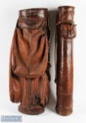 Early brown leather tube Sunday golf bag stamped with the owner's initial and fitted with an early