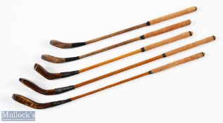 5x Miniature replica long nose golf clubs in beechwood, 2x with sole inserts