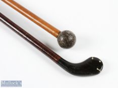 2x Unusual Golfing Walking Sticks one with an original mesh pattern gutty golf ball as handle, t/w a