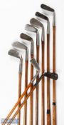 9x Assorted irons to incl' left hand Alex Patrick of Leven Acme round back mid iron, JH Taylor