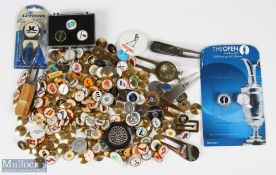 Large collection of Golf Ball Markers and gold divot repairer tools, with still boxed examples of