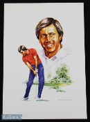 1986 Seve Ballesteros Signed Golf Poster by Graham Bundick, signed in blue pen, size #36cm x 51cm