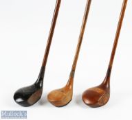3x J H Taylor autographed woods a large stripe topped spoon, a large dark stained driver and a small