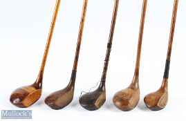 5x Various socket neck woods to incl' A H Scott of Elie stamped with the crown mark light stained