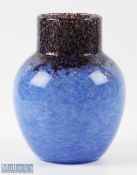 1930s Monart Studio Glass Vase in shape N in blue and black colour with copper aventurine