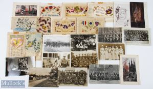 WWI Military Group Postcards, silks, a quantity of 7 real photo postcards, 2 silk postcard of
