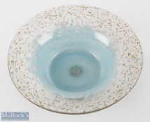 Monart Studio Glass light Blue and Copper Aventurine Bowl with Label in shape UB, 10.5