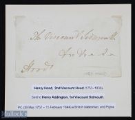 Naval - Nelson Era - Viscount Hood - Admiral autograph free front addressed to Viscount Sidmouth,