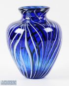 Peter St Clair Studio Glass Vase with feathered style design on blue ground, signed to base around