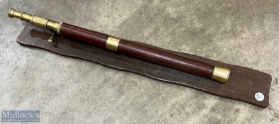 Modern Leather & Brass Three Draw Mounted Telescope with wooden display board and brass clamp,