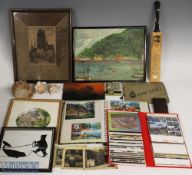A Box of Mixed collectables to include Conch shell. Postcards in albums- c1960-1980, prints -