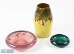 Monart and Strathearn Glass (3) small Monart glass dish in green with black and copper aventurine