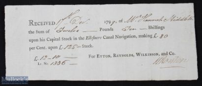 Ellesmere Canal - 1799 - Call certificate for payment on £125 Stock in the canal company. Black