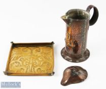 Arts & Crafts Hammered Copper Jug Tray - A William Soutter & Son lidded jug and an unnamed copper