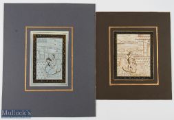 2x Indian Mughal Paintings on fabric - depicting intimate and erotic scene within courtyard with
