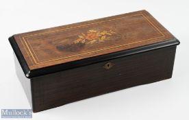 Antique Music Box with 6 airs cylinder, label to inside lid, movement in need of attention, hosed in