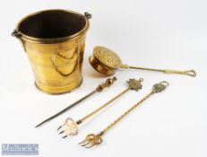 19th Century Brass Fire Bucket of Tapering Form with carrying handle and turned decoration. Plus,