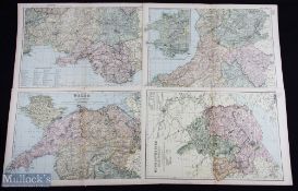 c1898 Bacon Geographical Colour Welsh Wales Maps, to include Monmouth and the river Wye, Wales,