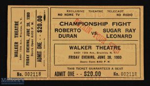 1980 Roberto Duran v Sugar Ray Leonard Boxing Tickets, a ticket for Walker Theatre NY June 20th,