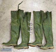 2x Pairs of Hardy Thigh Waders, with leather soles and studs, plus 3 Hardy boot hanging tools, the