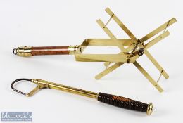Folding Brass and Fruit Wood Line Winder, with sprung handle, unnamed with some signs of repair 49cm