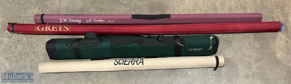 A collection of Cordura (empty) rod tubes, as follows: Sage Triangle 39ft; Greys 66