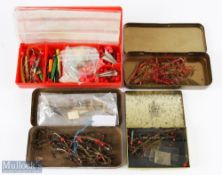 4x Tins with prawn mounts, minnow hooks, swivels and spiral weights