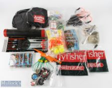A large collection of fishing items, most unused: pack of stick floats; 2x packs float silicone