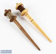 2x Wooden Bank Runners for set line fishing, both with small amount of line, each 31cm long (2)