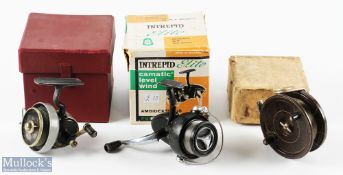 The Helical Casting Reel Co Spinning Reel in black and grey finish, with a boxed K P Morritt's