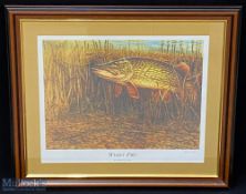 Michael Loates Winter Pike Fishing Print, signed by the artist, well framed and mounted under