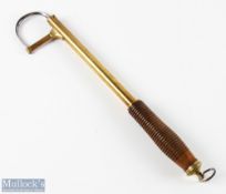 Hardy's Alnwick Edwardian Brass Gaff single draw with turned wooden handle, stamped makers mark to