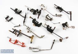 A collection of 11x 'C' clamp fly tying vices with one spare 'C' clamp and a small tabletop vice