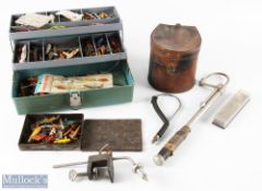 Mixed Vintage Fishing Accessories: to include a Gaff, gaff hook, metal tin of minnow lures spoons,