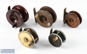 3x unnamed brass/mahogany reels, all complete; 2x brass and ebonite plate wind unnamed reels (5)